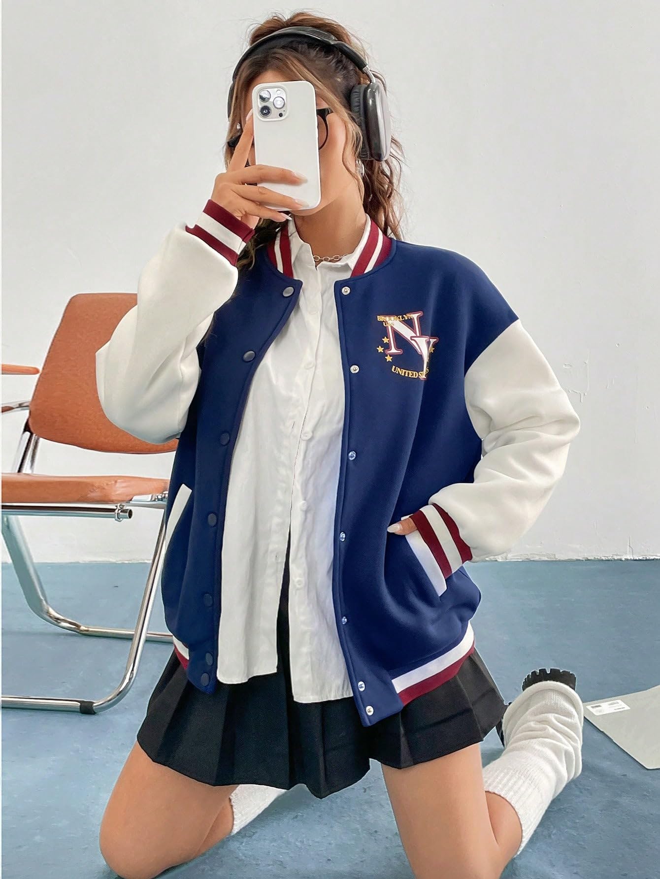 Women's Jacket Letter Graphic Striped Trim Drop Shoulder Varsity